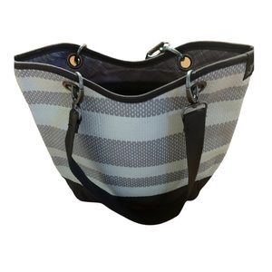 Thirty One Woven Straw Tote Brown Canvas; Beige Gray Stripe Purse